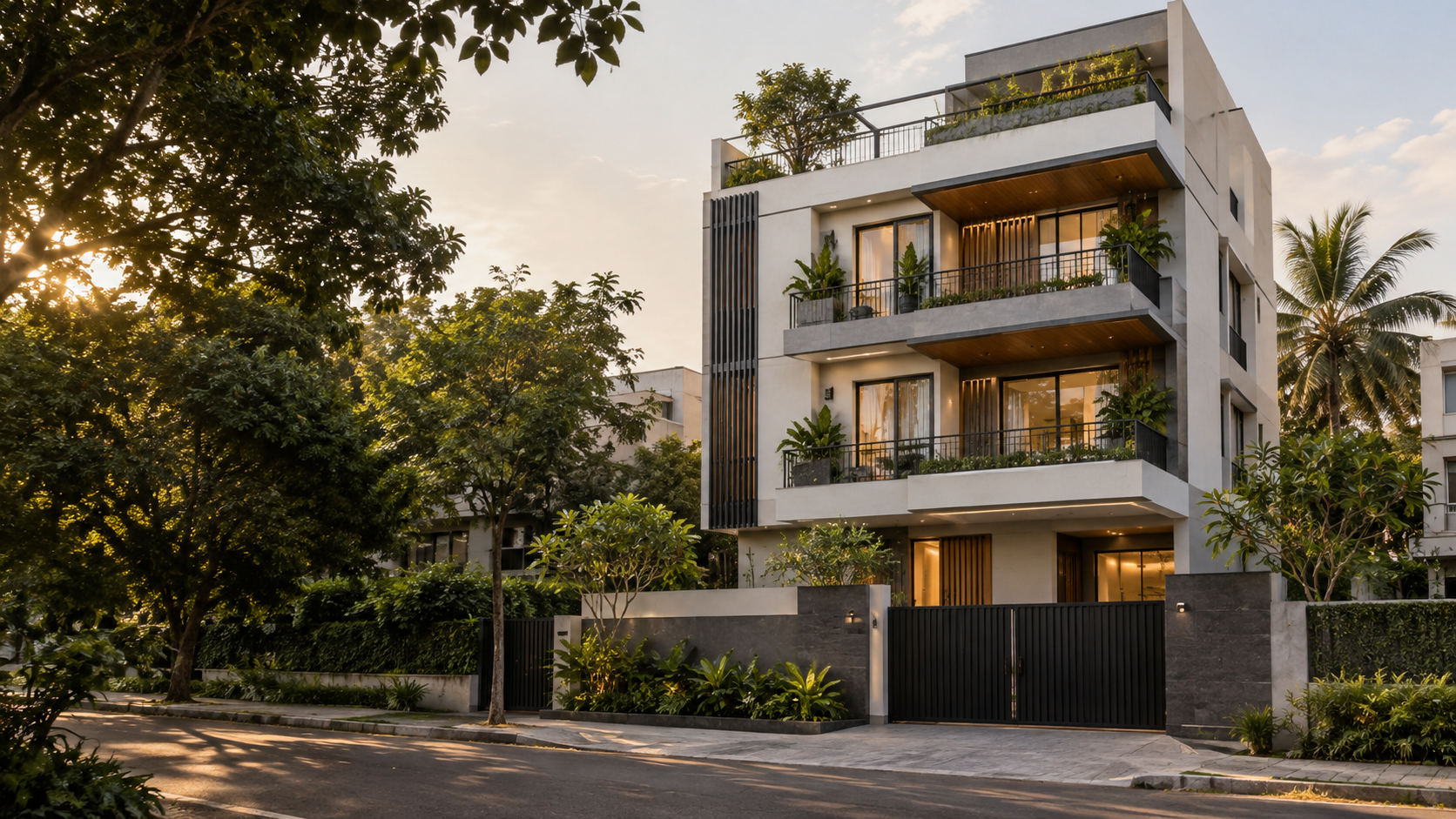 Architectural concept of a contemporary urban residence with shaded balconies, light walls and greenery